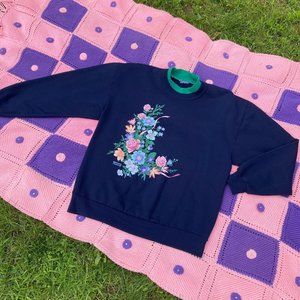 Vintage grandma sweatshirt navy blue pink rose floral | M - XL | collared soft